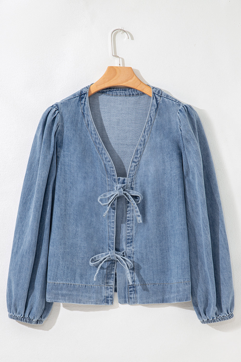 Solid Denim Tie-Front Puff Sleeve Top