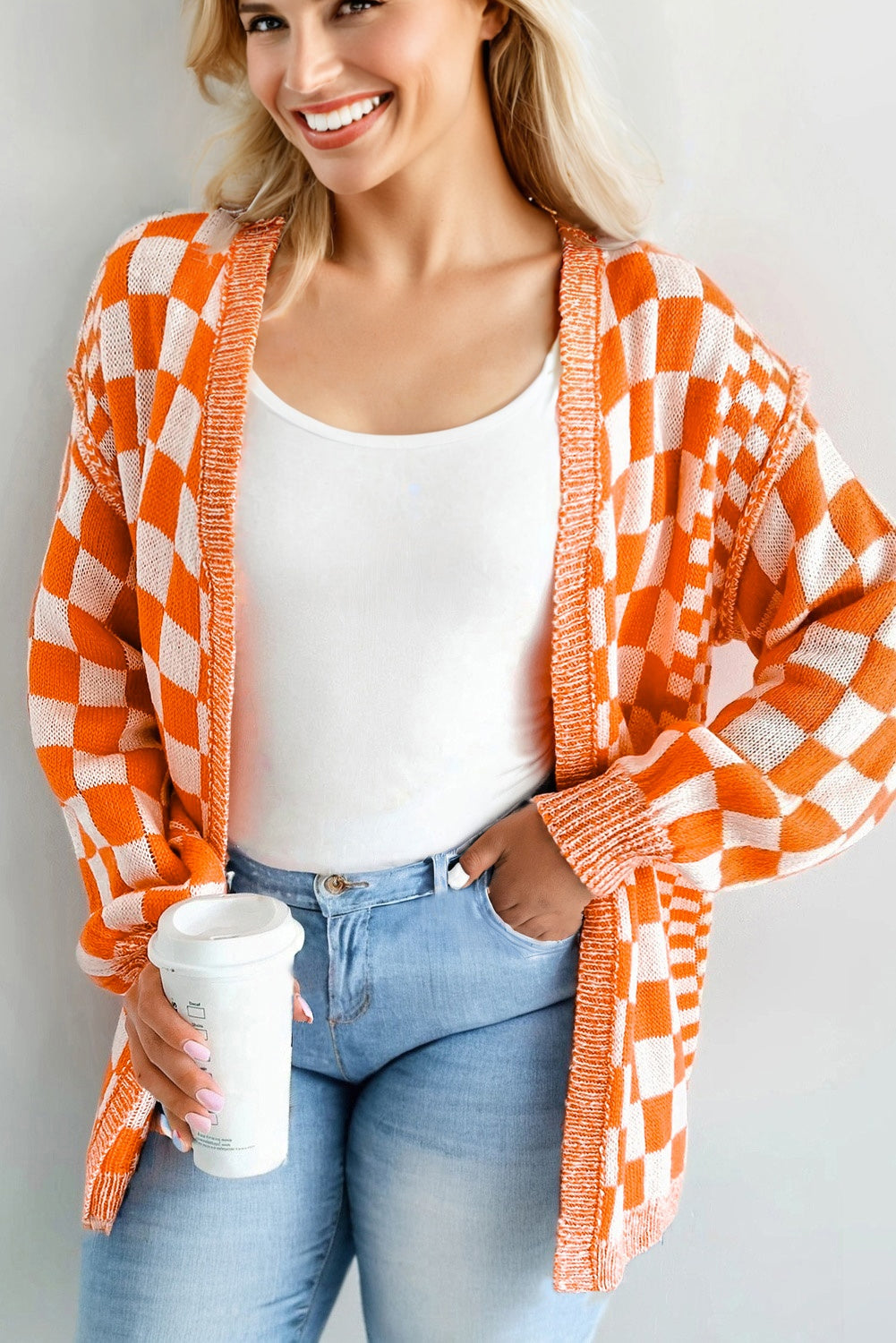 Plus Size Checker Drop Shoulder Open Front Cardigan