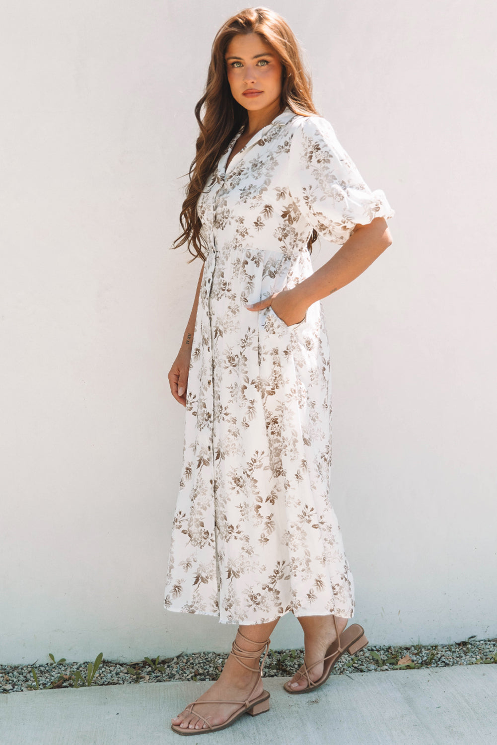 Floral Puff Sleeve V-Neck Buttoned Front Dress