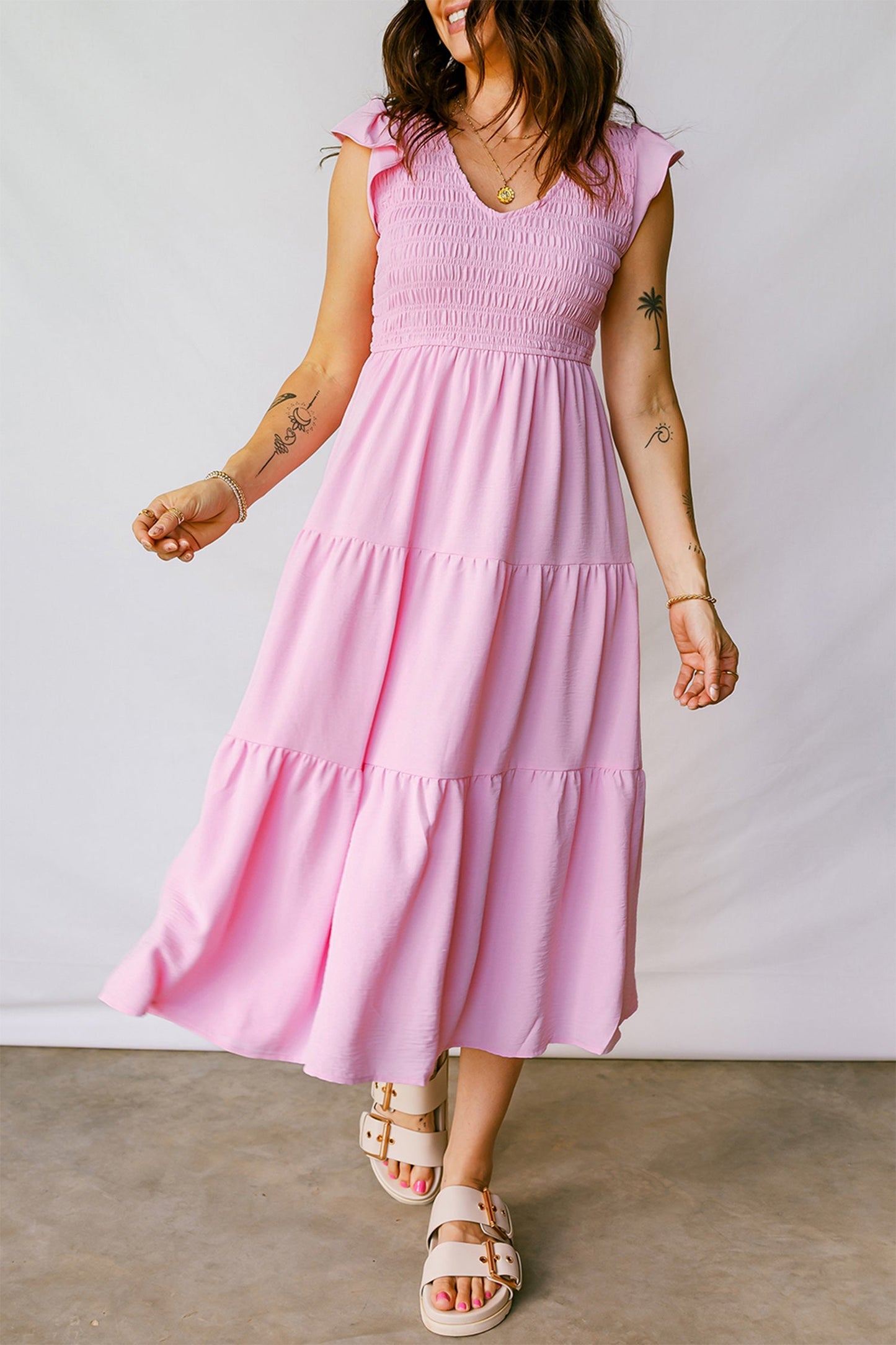 Smocked V-Neck Flutter Sleeve Tiered Midi Dress