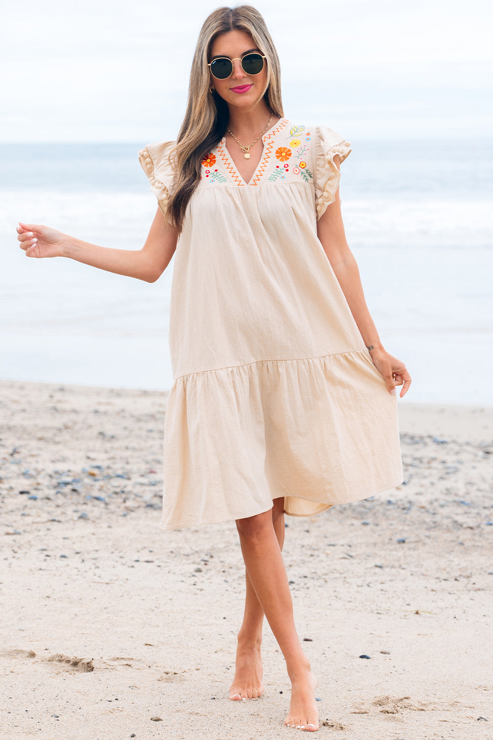 Floral Embroidered Pom Pom Ruffle Sleeve Dress