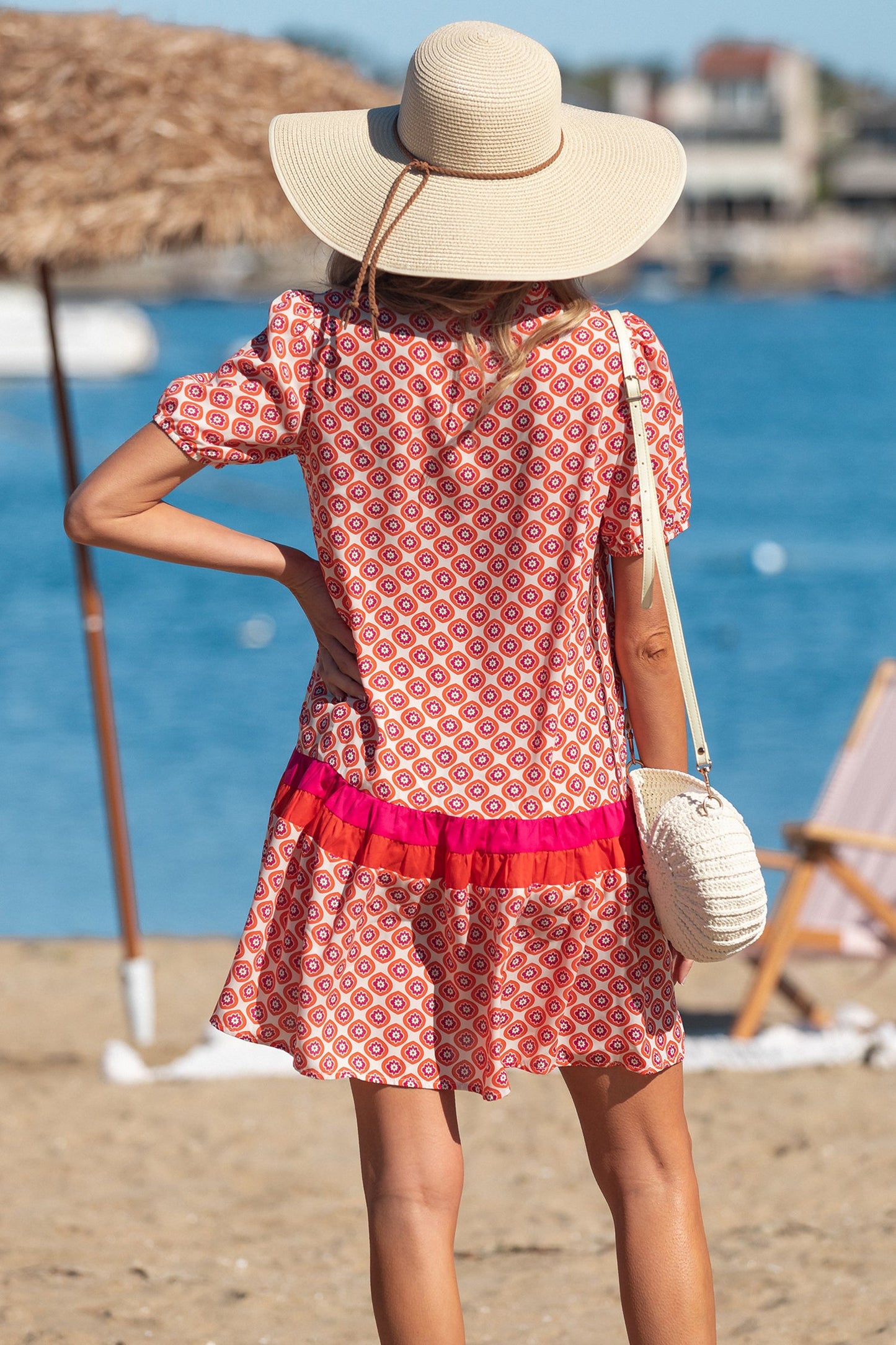 Floral Geometric Colorblock Ruffle Hem Dress
