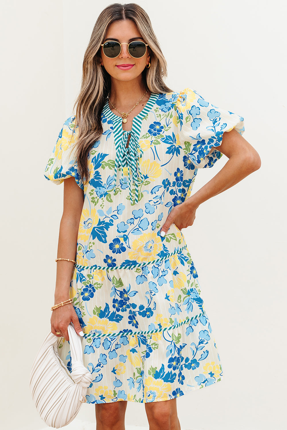 Floral Stripe Trim Puff Short Sleeve Dress