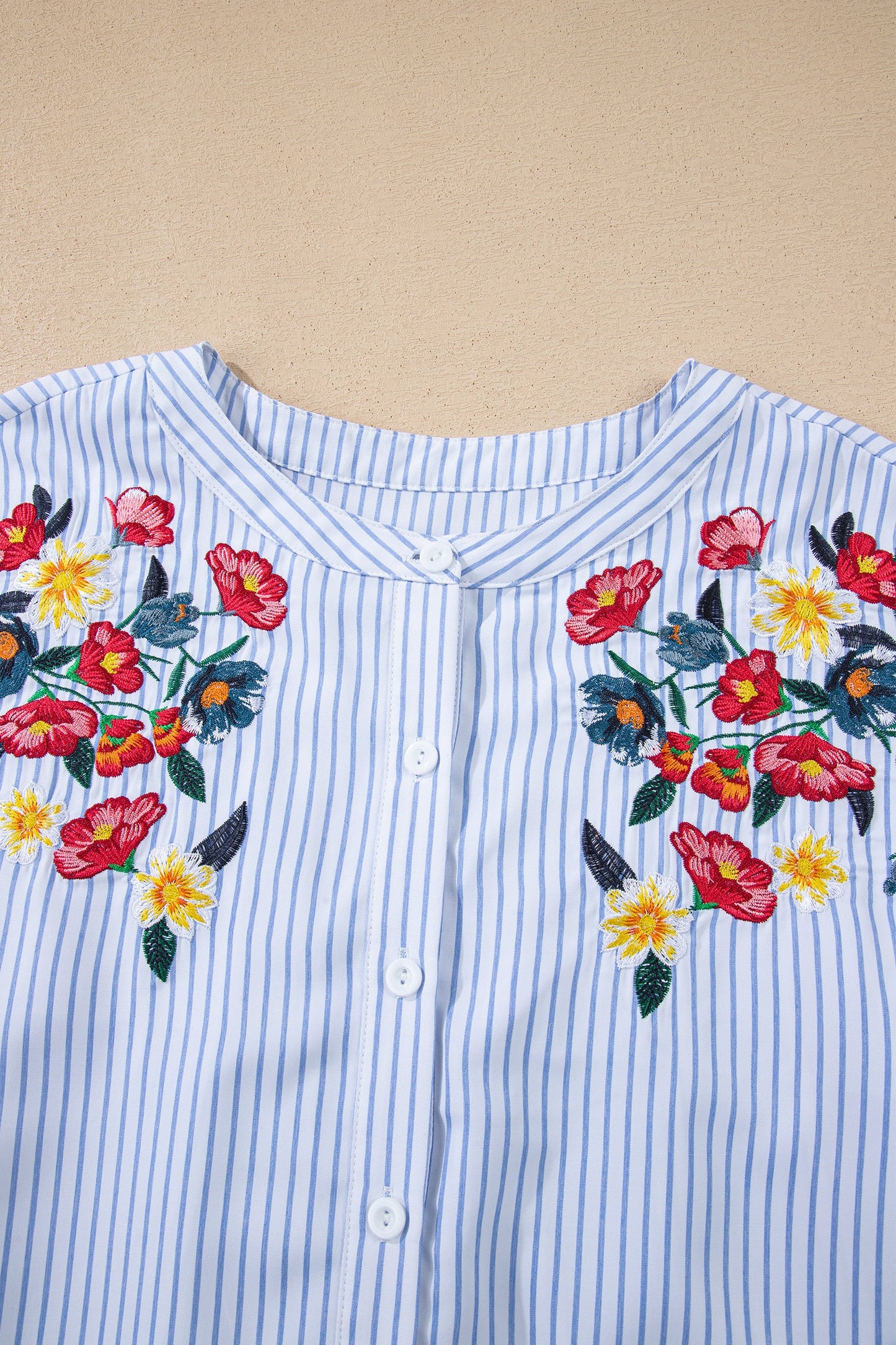 Floral Embroidered Stripe Billowy Sleeve Tunic Shirt