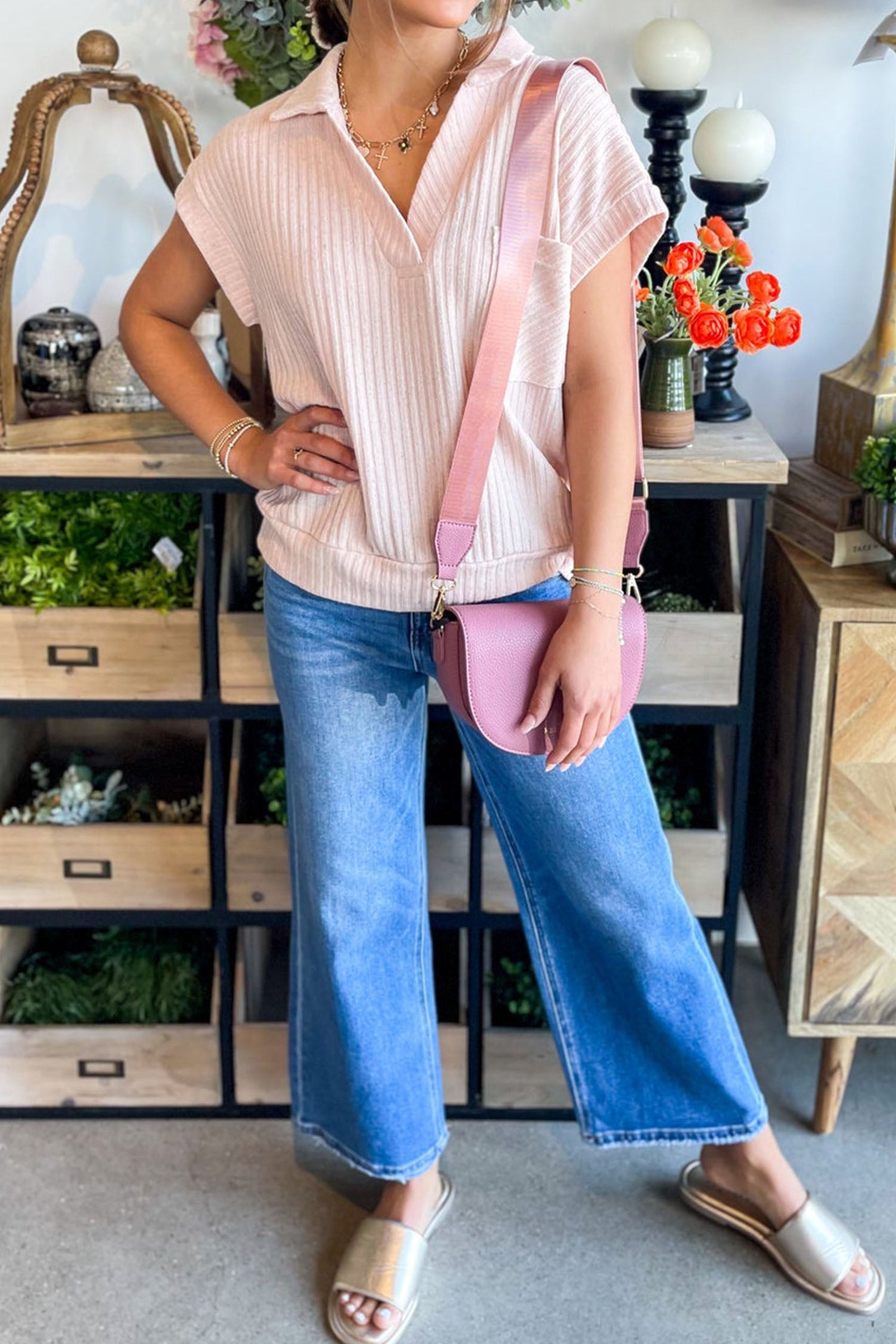 Solid Ribbed Knit Collared V-Neck Tee