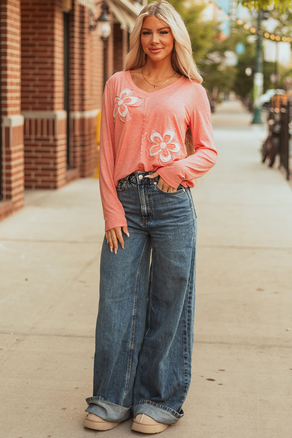 Floral Patchwork V-Neck Long Sleeve T-Shirt