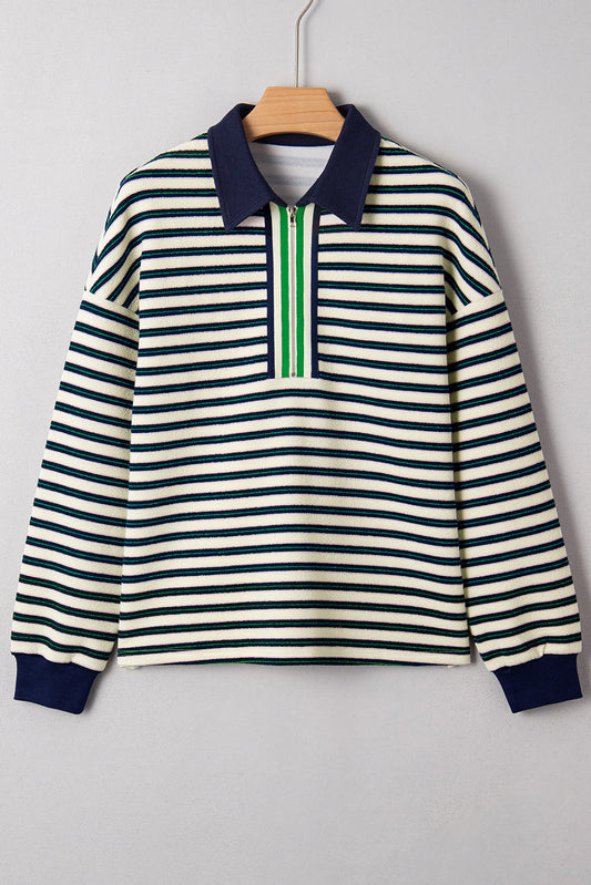 Stripe Contrast Trim Collared Zip Long Sleeve Top