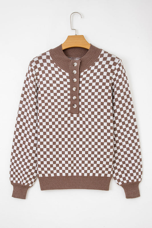Checker Ribbed Trim Half-Button Sweater