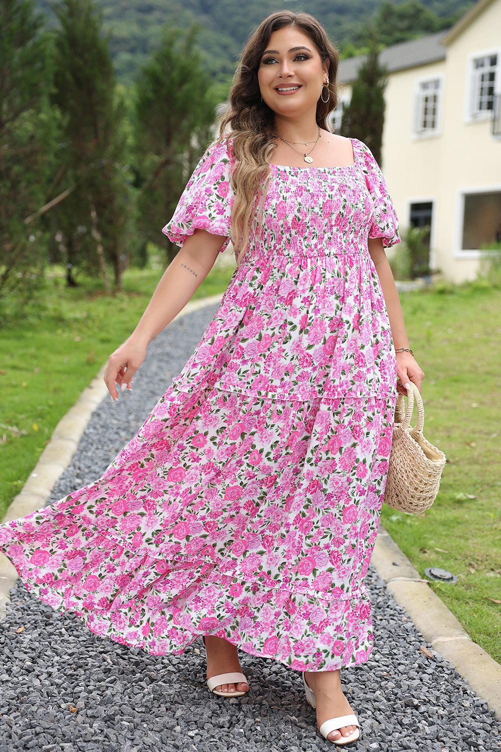 Plus Size Floral Smocked Puff Sleeve Dress