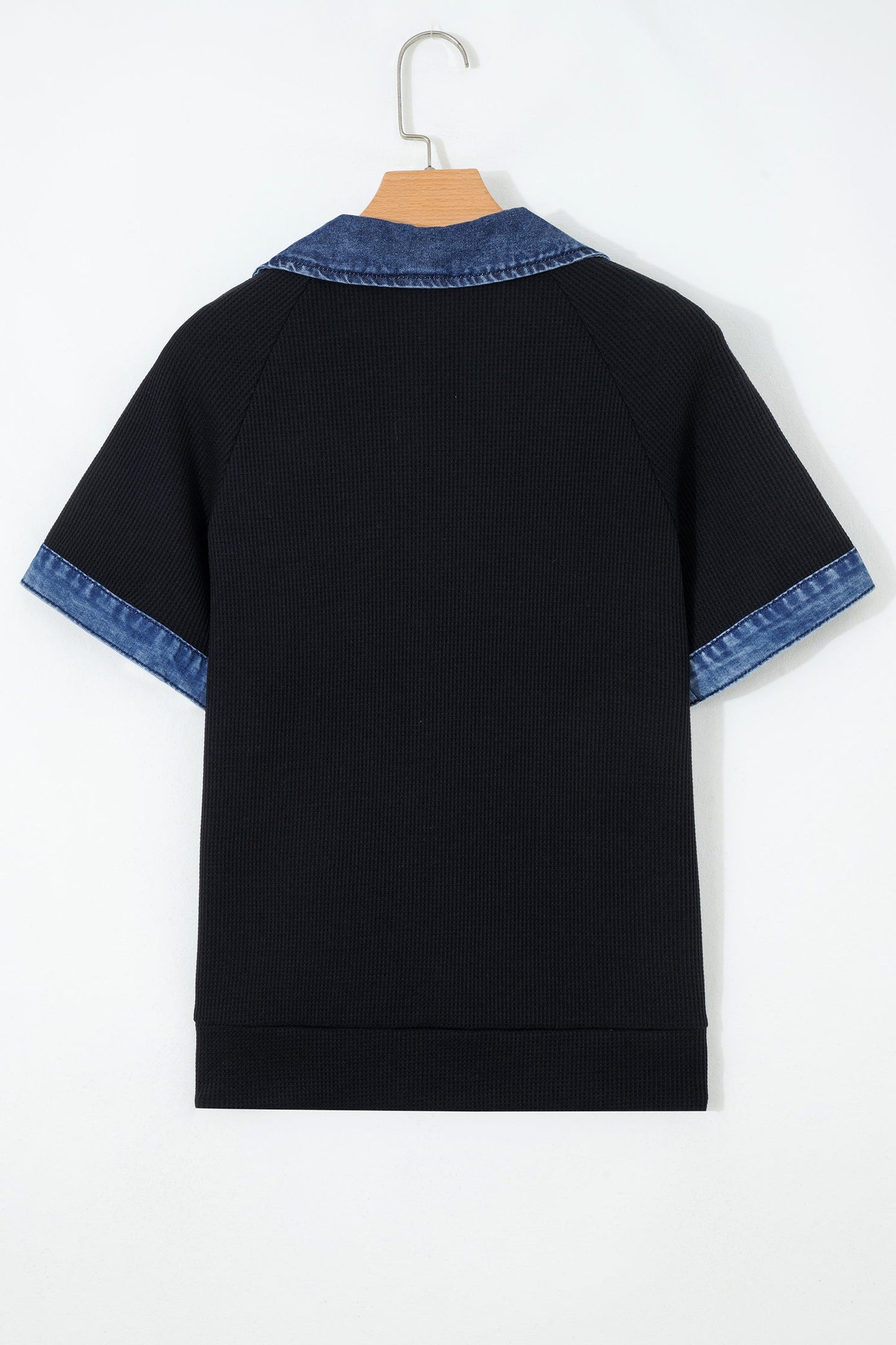 Denim Contrast Trim Patchwork Polo Collar Top