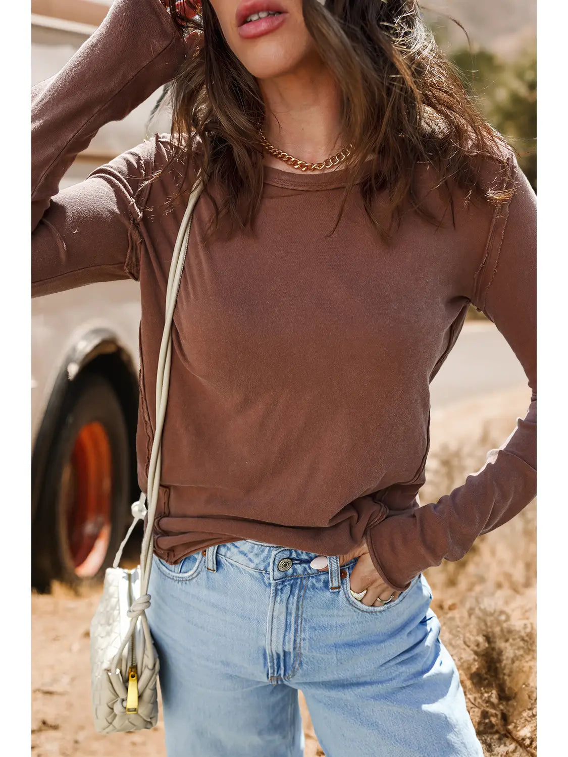 Western Mineral Wash Raw Seam Detail Long Sleeve Top