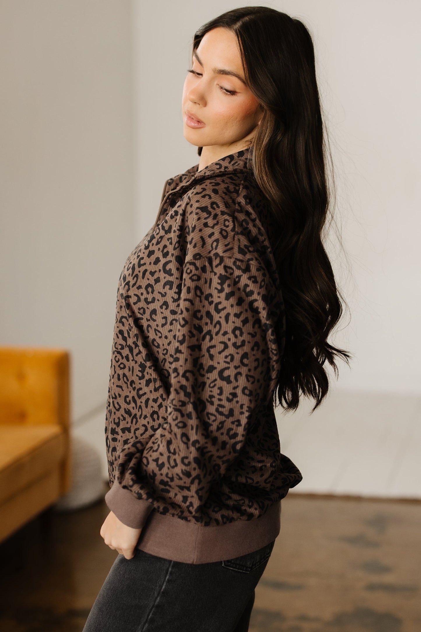 Leopard Corduroy Quarter-Zip Sweatshirt