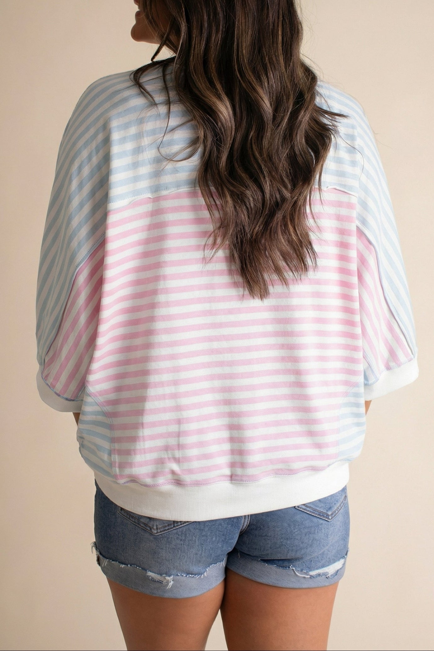 Stripe Oversize Dolman-Sleeve Patchwork T-Shirt