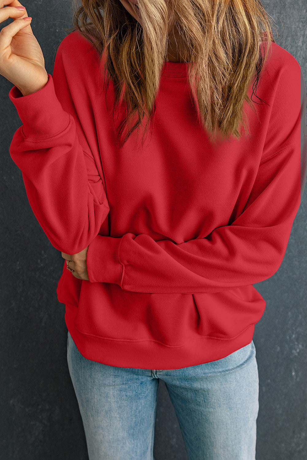 Solid Drop Shoulder Crewneck Pullover Sweatshirt