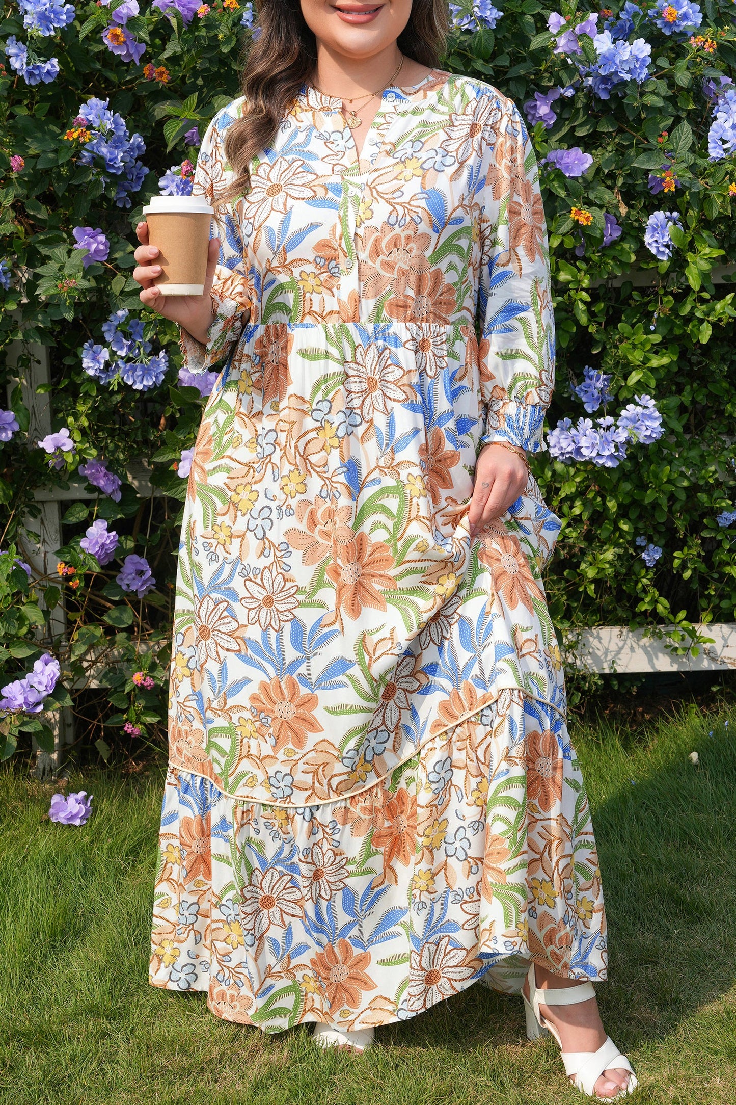 Plus Size Floral 3/4 Sleeve Tiered Dress