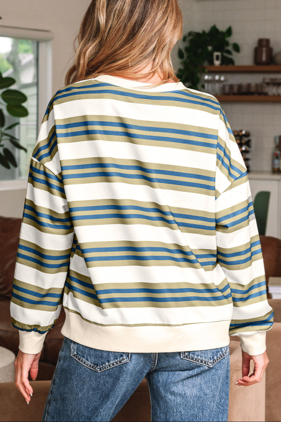Stripe Crewneck Drop Shoulder Sweatshirt