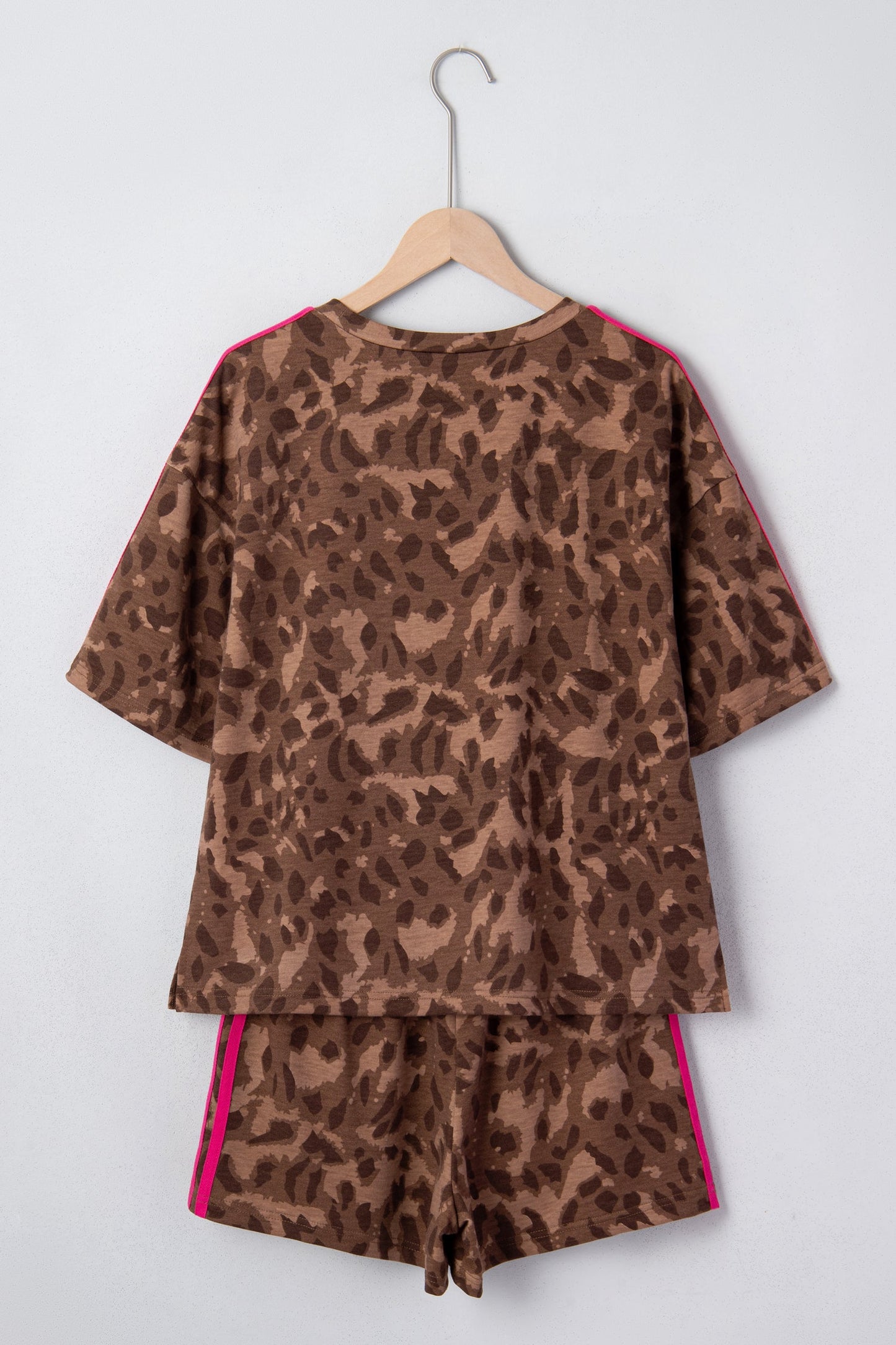 Leopard Contrast Stripe Tee and Shorts Two-Piece Set