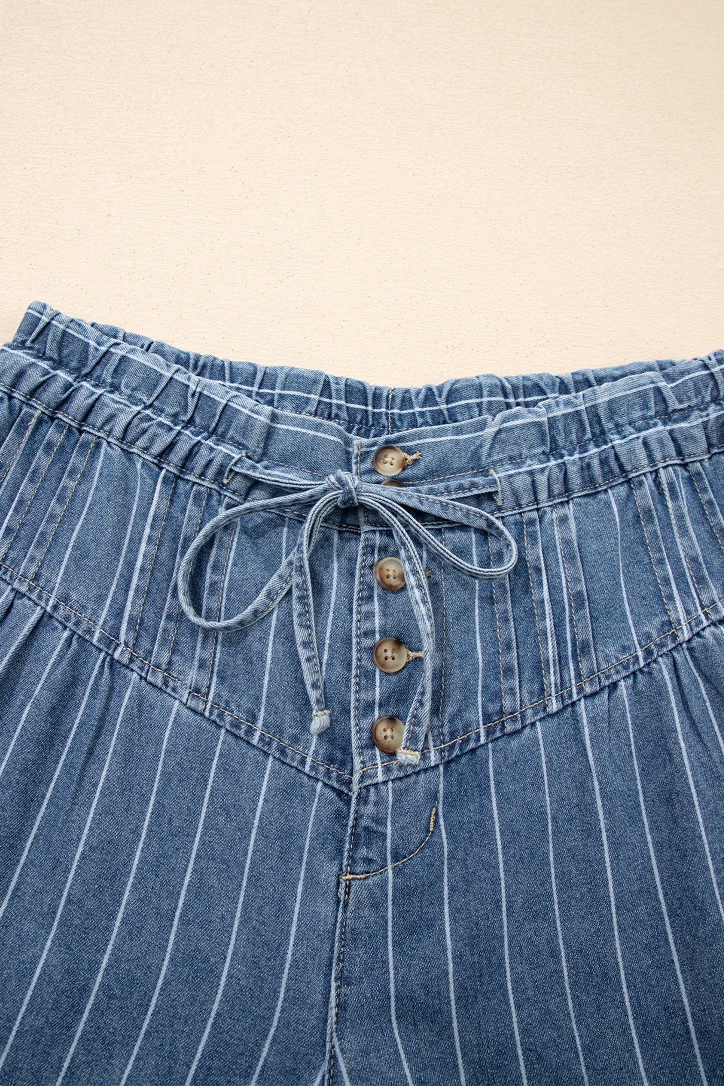 Stripe Button Pleated Drawstring Wide Leg Jeans