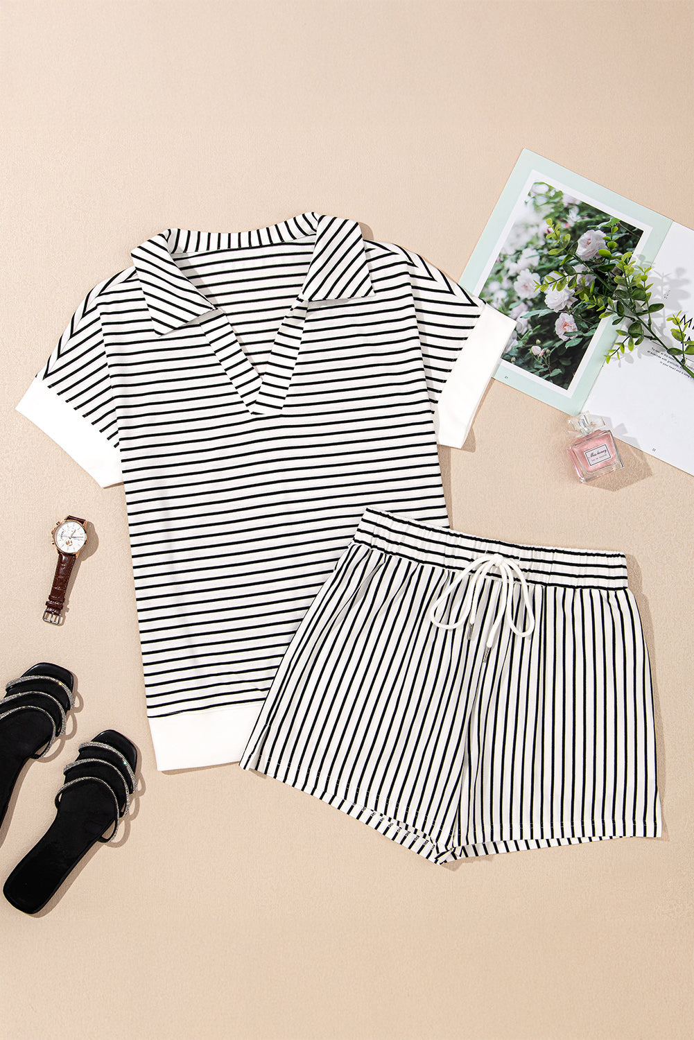 Stripe V-Neck Tee and Casual Shorts Set