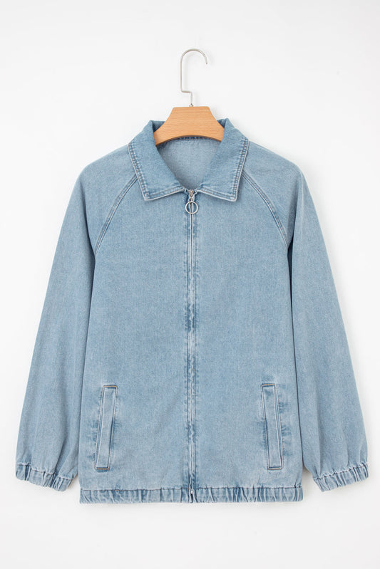 Denim Collared Zip-Up Elastic Edge Pocketed Jacket