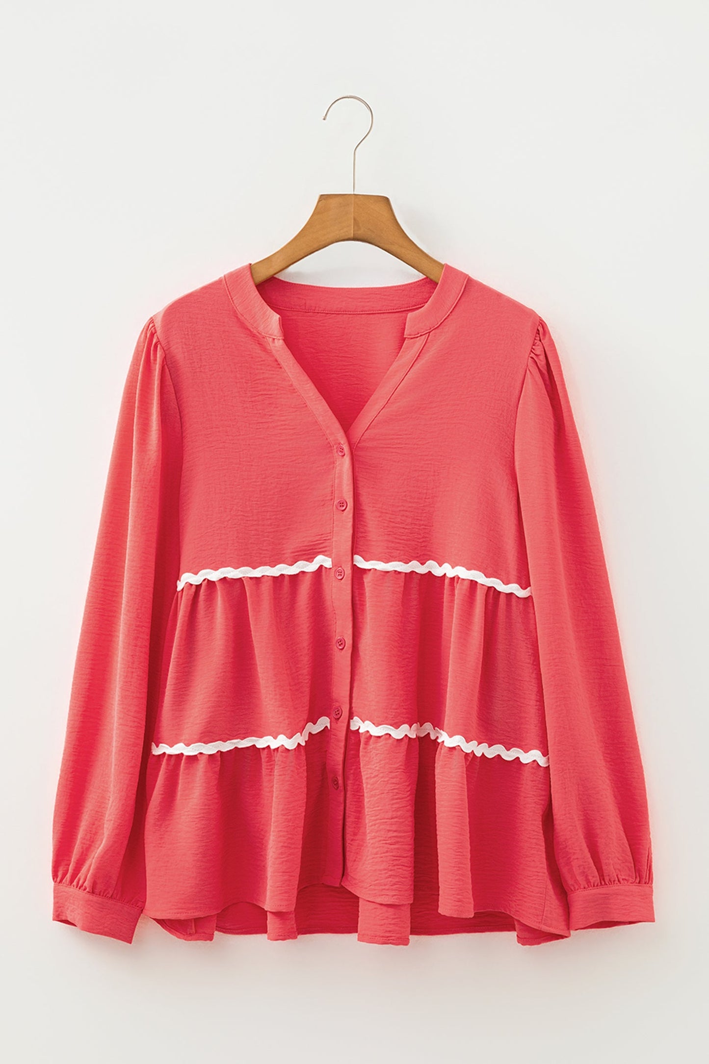 Ricrac Contrast Trim V-Neck Button Down Shirt