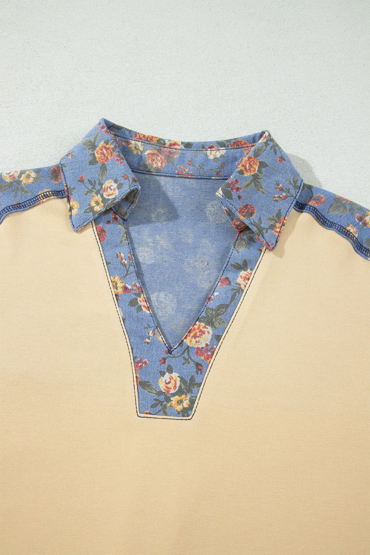 Floral Denim Patchwork Collared V-Neck Long Sleeve Top
