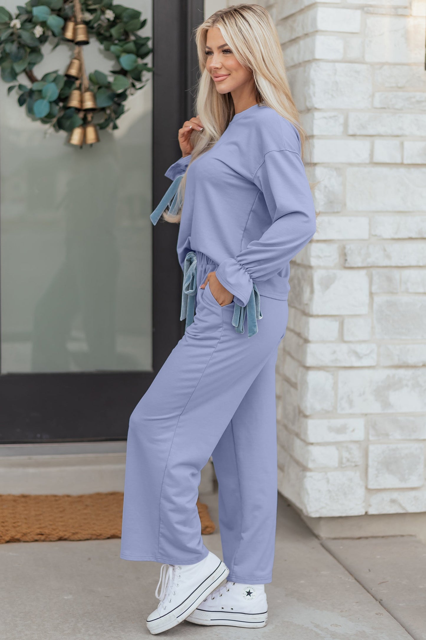 Flounce Long Sleeve Top and Drawstring Pants Set