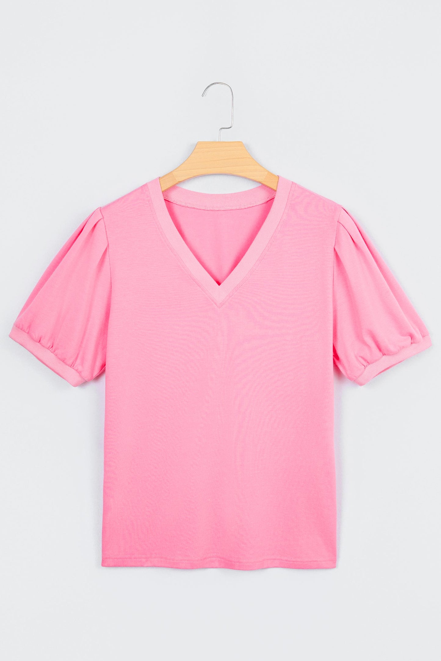 Solid V-Neck Short Puff Sleeve Blouse