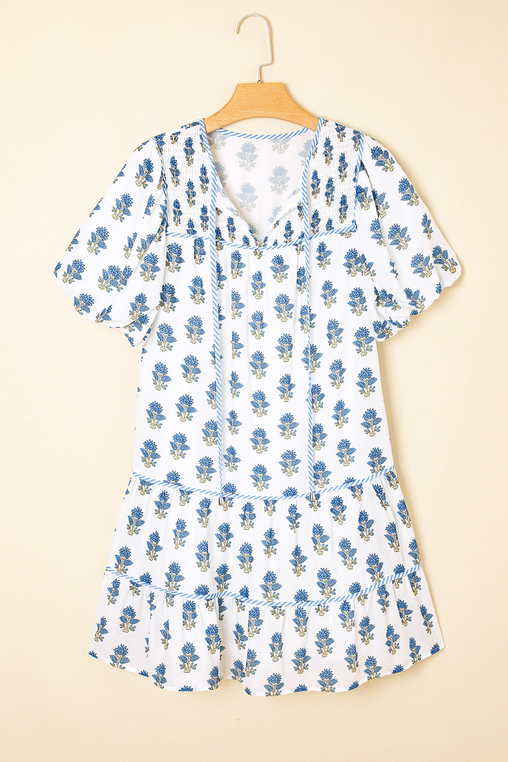 Floral Puff Sleeve Tied Neck Pocket Mini Dress
