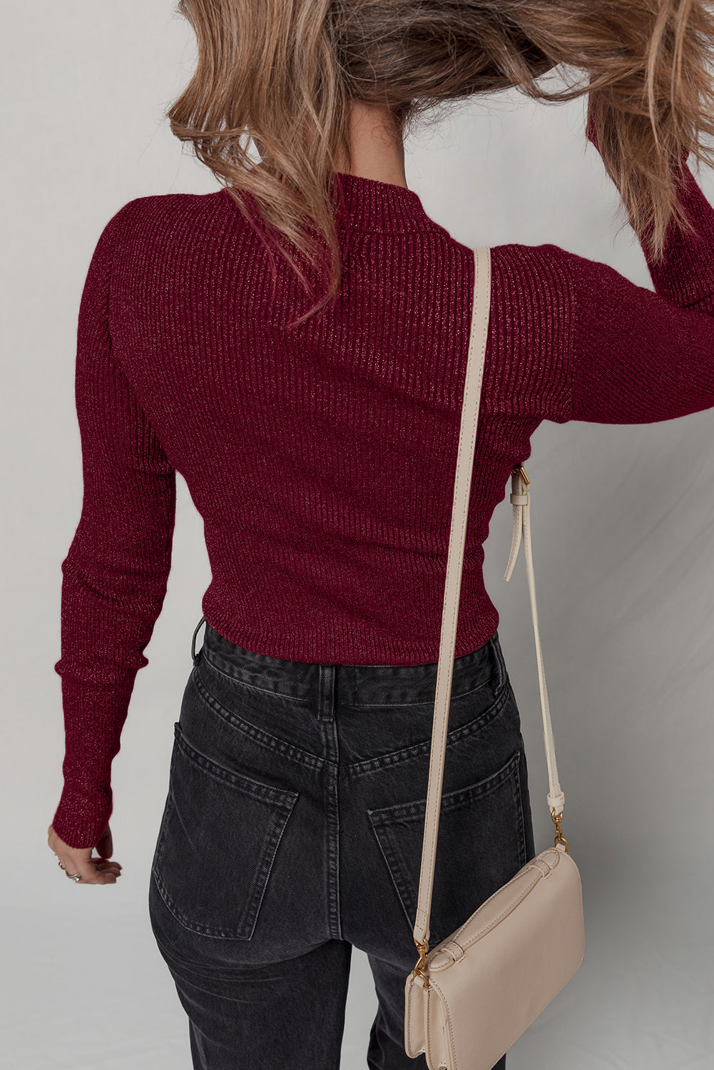 Solid Metal Ribbed Knit Long Sleeve Top