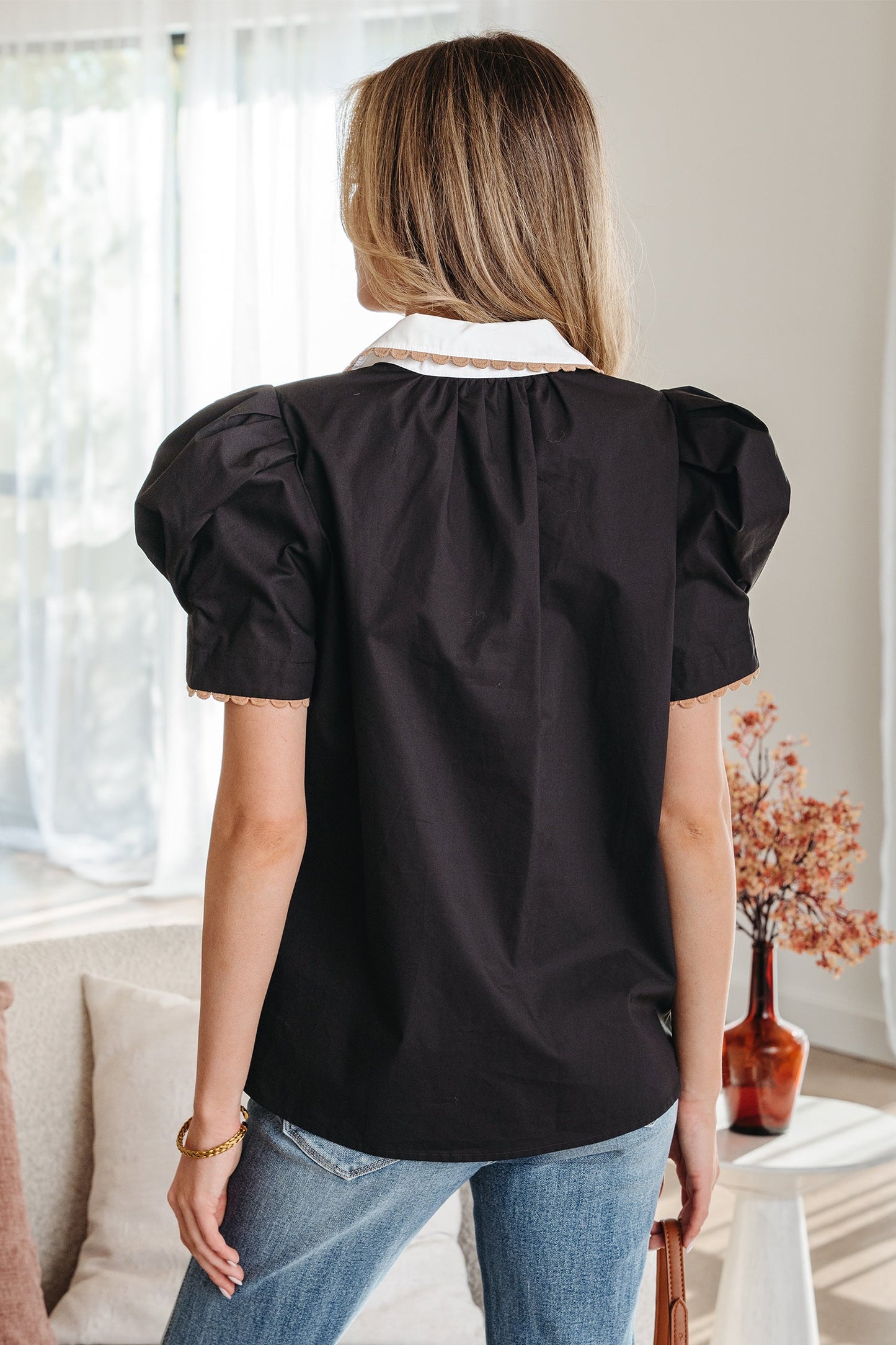 Colorblock Ricrac Trim Collared Short Sleeve Blouse