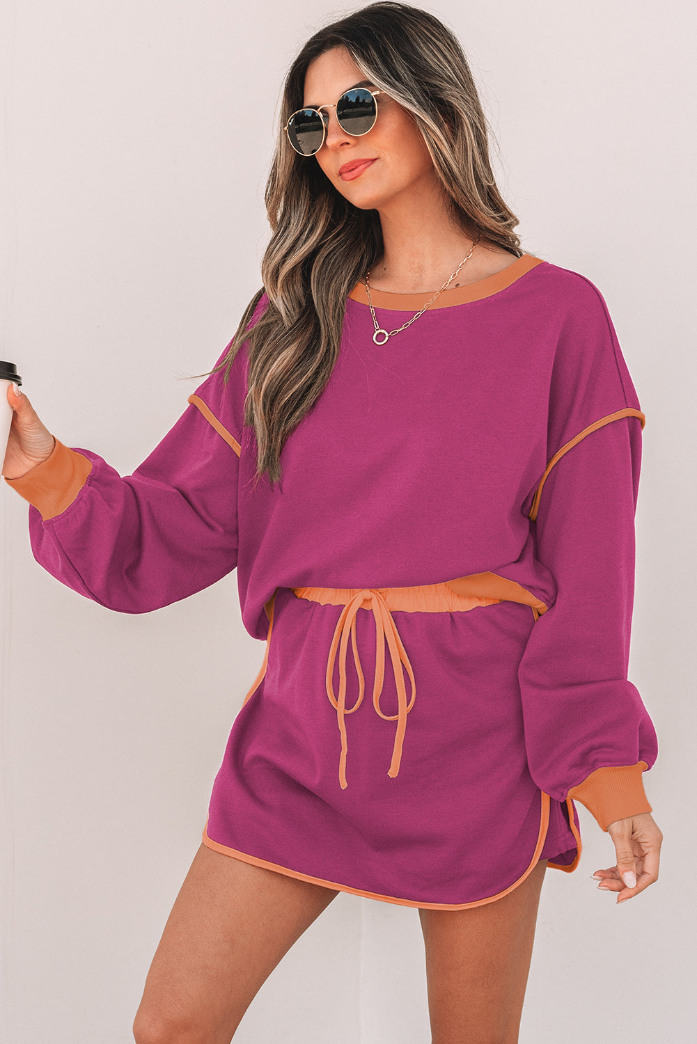 Colorblock Long Sleeve Top and Skort Set