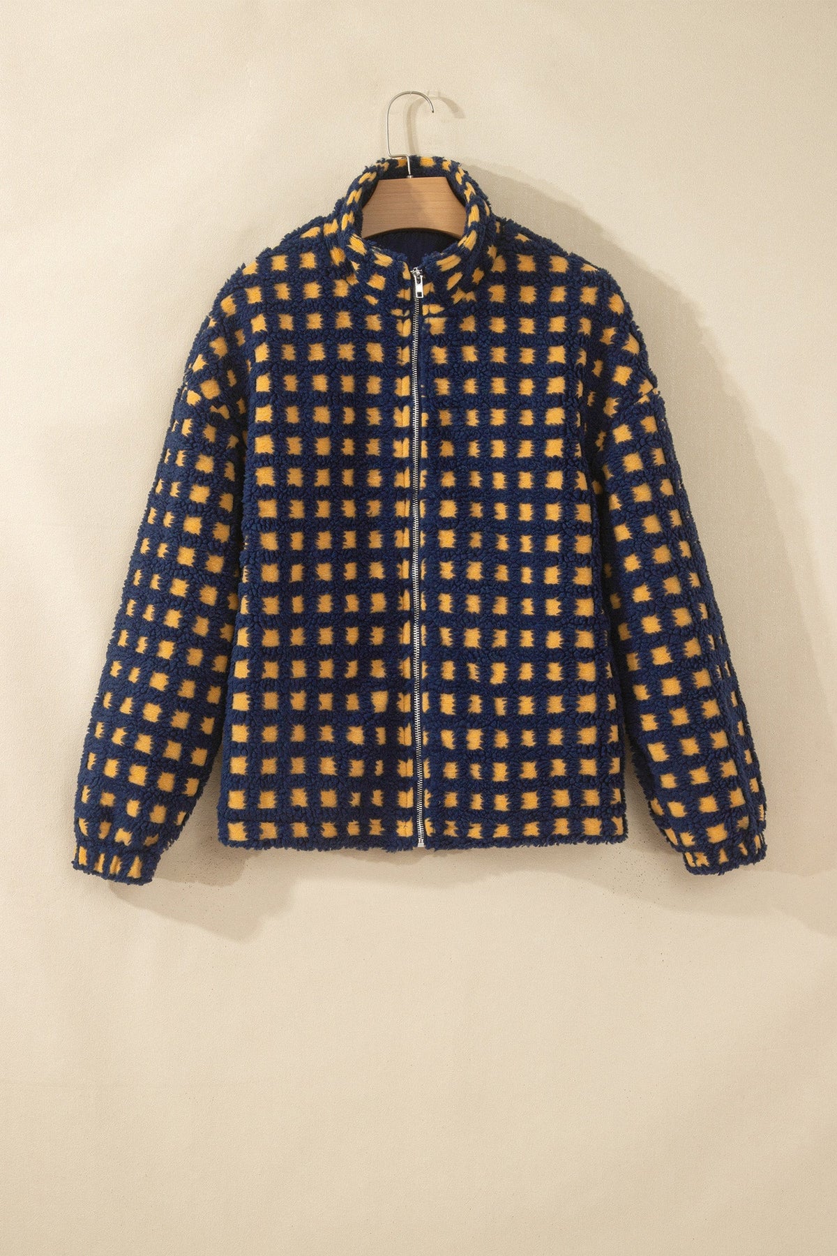 Gingham Sherpa Fleece Zip-Up Jacket