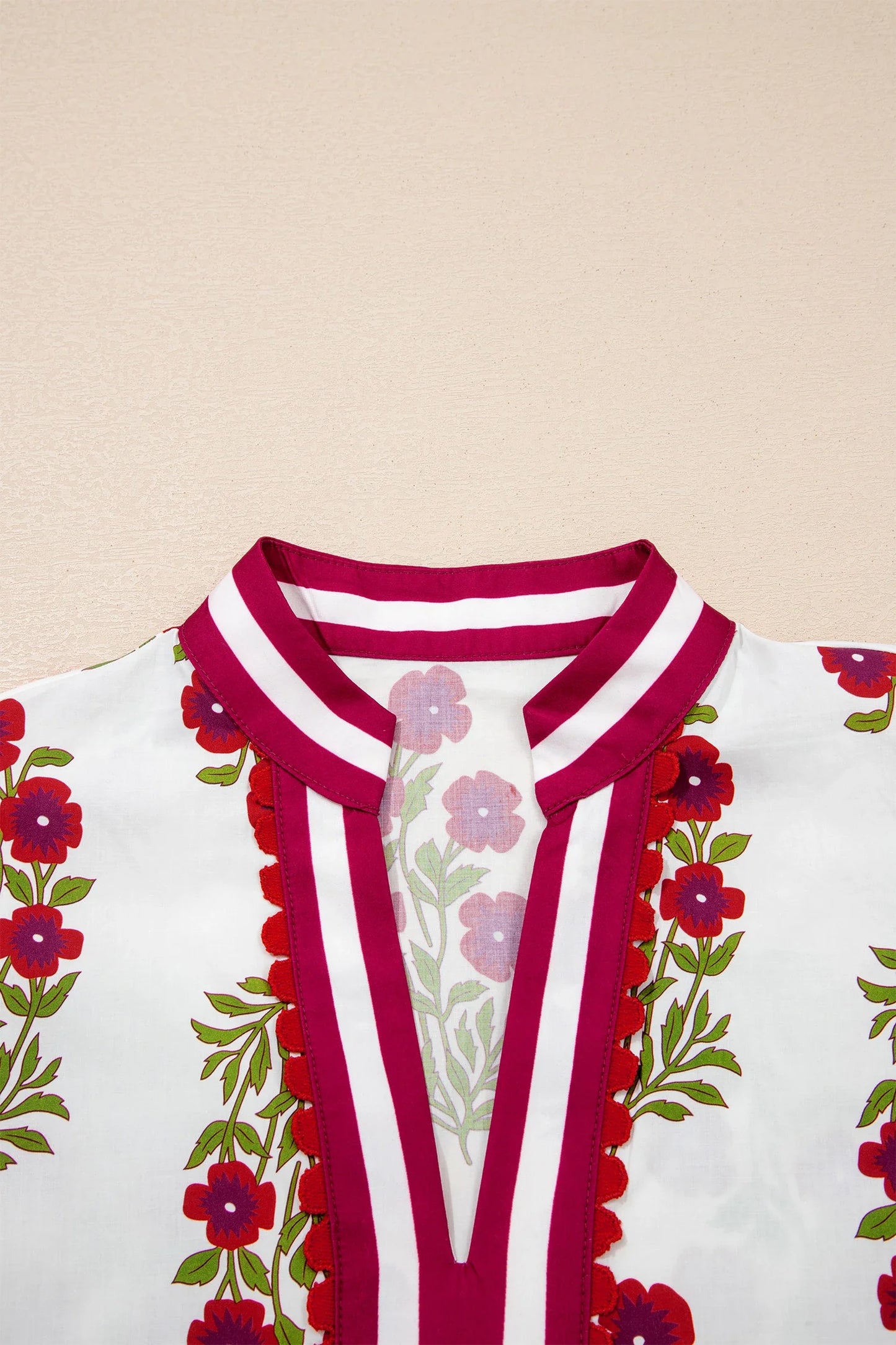 Floral Short Bubble Sleeve Contrast Slit Blouse
