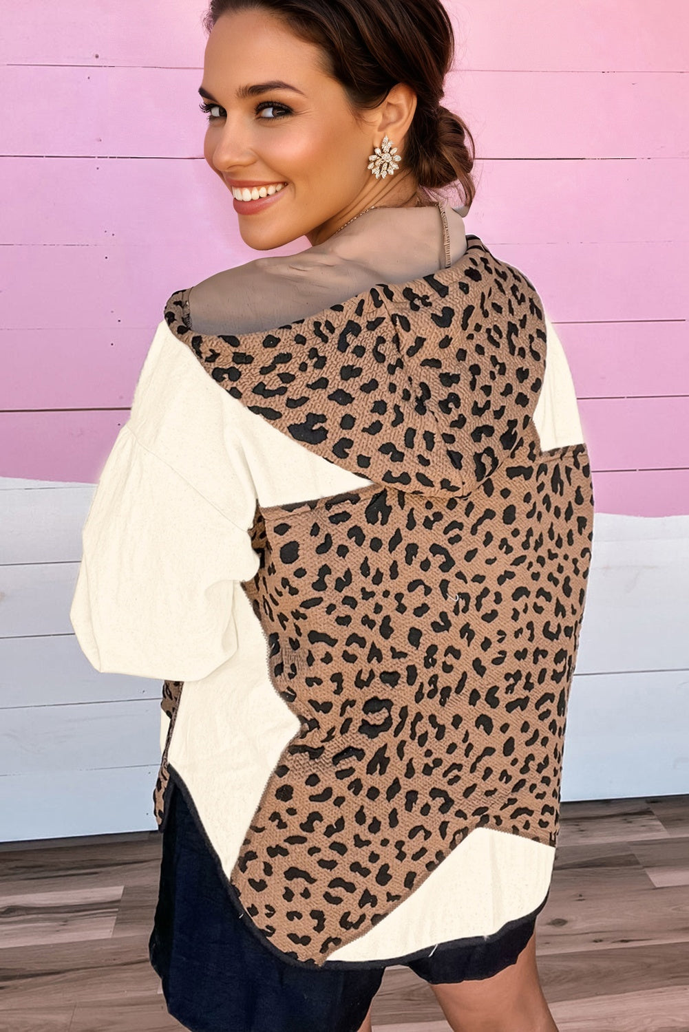 Leopard Star Patchwork Open Front Hooded Jacket