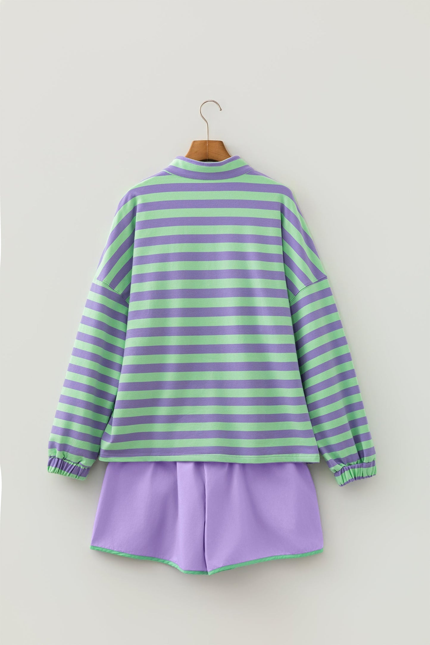 Stripe Half Button Long Sleeve Top and Shorts Set