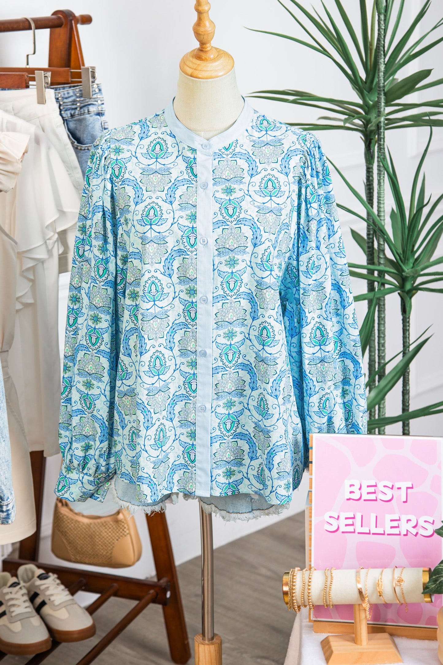 Paisley Long Puff Sleeve Buttoned Shirt