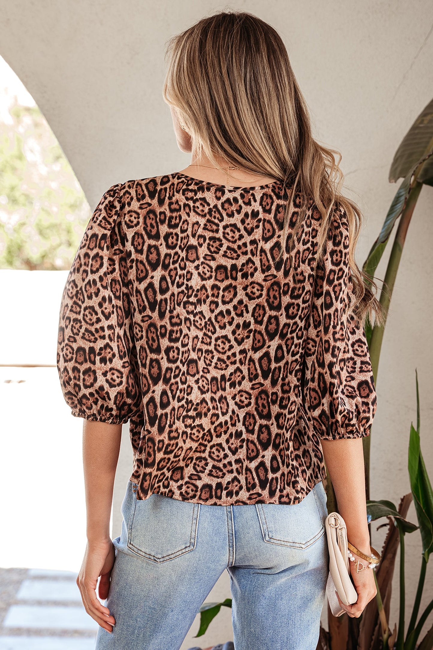 Leopard Bow-Tie Puff Sleeve Blouse