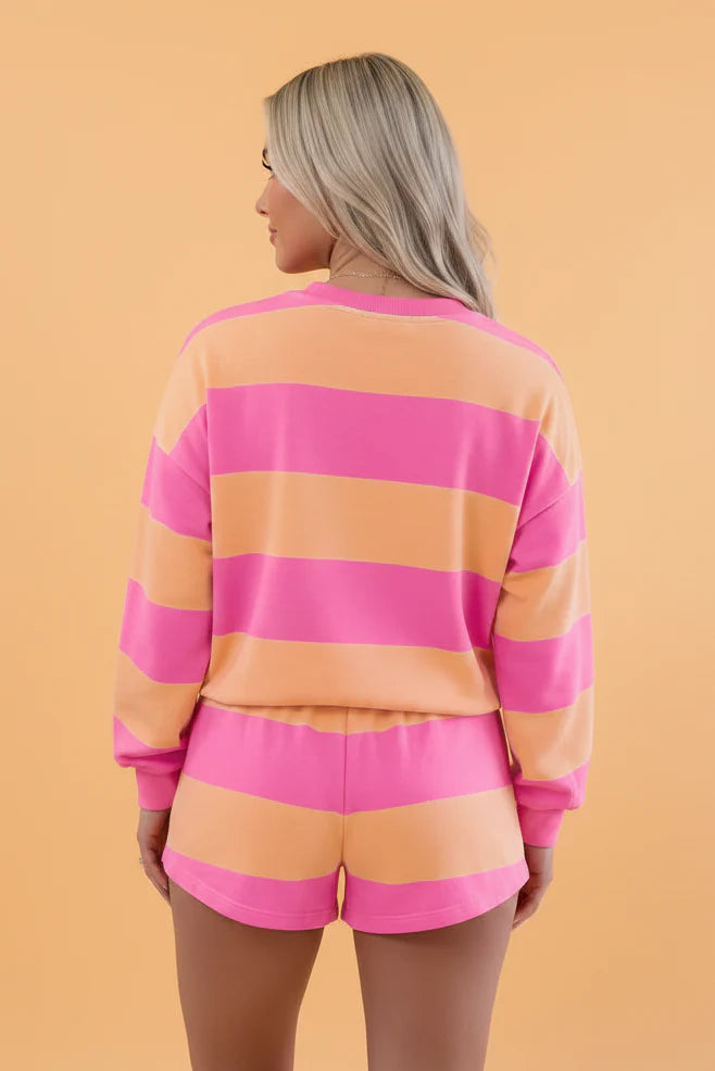 Stripe Long Sleeve Top & Drawstring Shorts Set