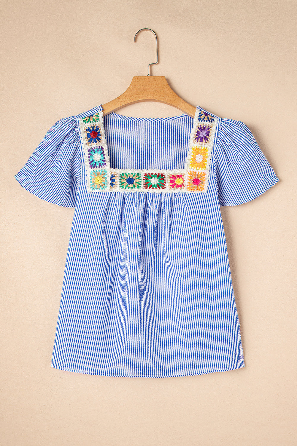 Stripe Textured Ruffle Short Sleeve Square Blouse