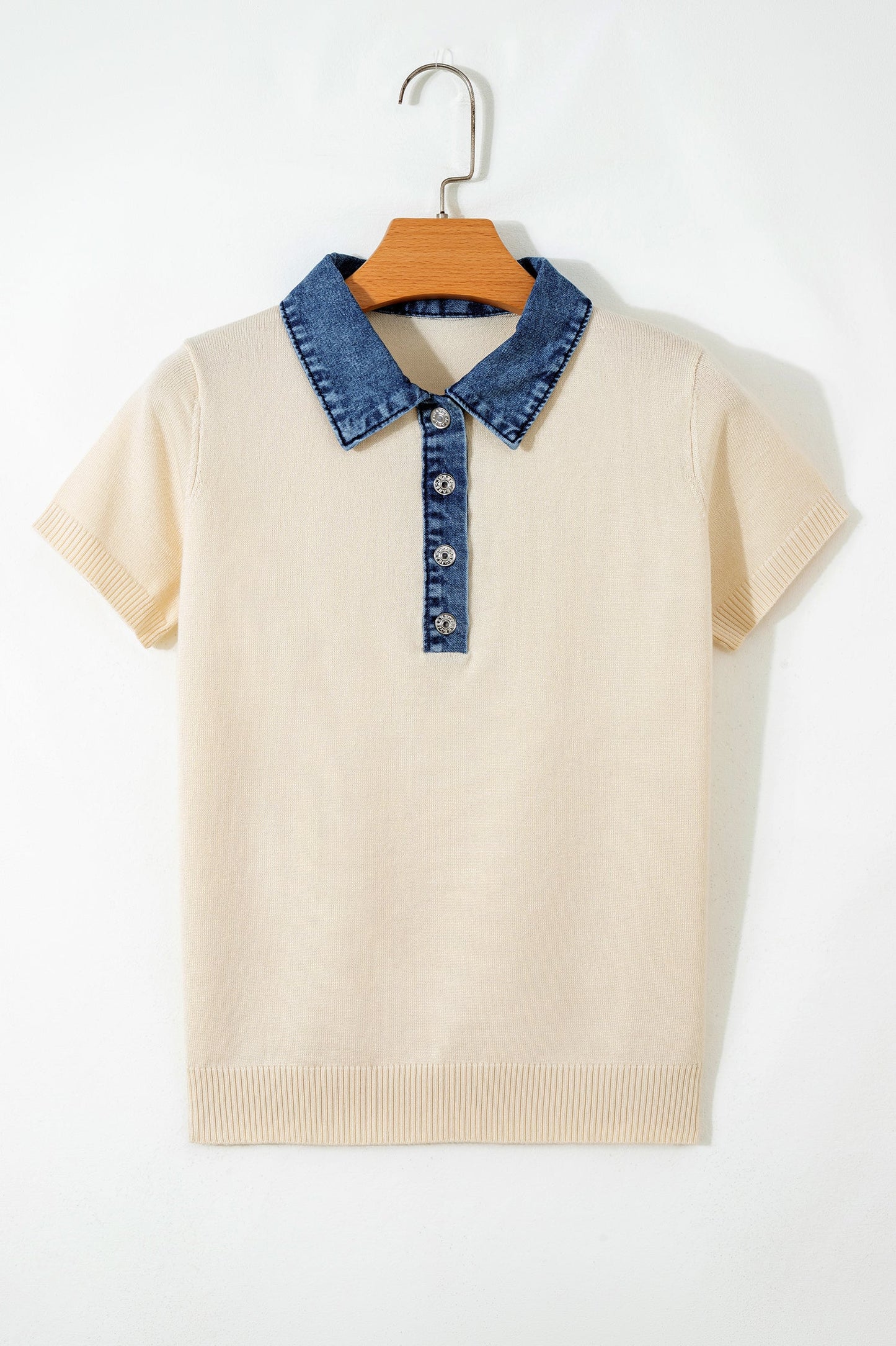 Short Sleeve Knit Denim Patchwork Polo Collar Sweater