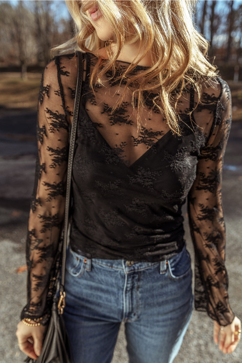 Lace Mesh Sheer Long Sleeve Blouse