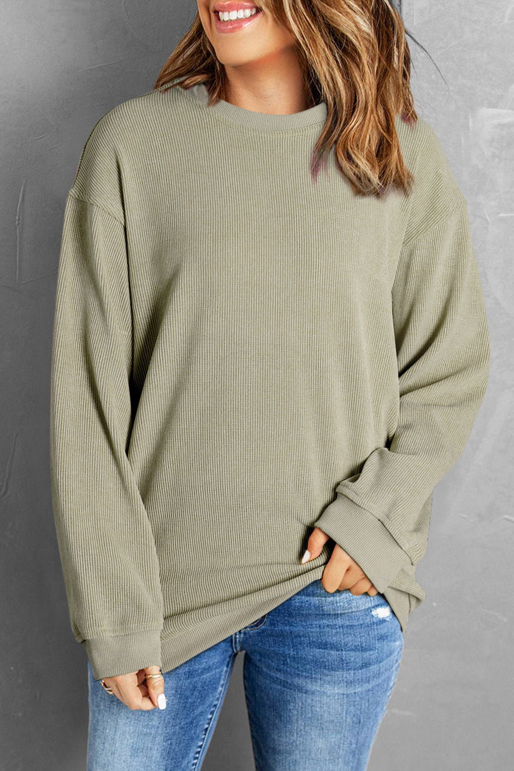 Solid Ribbed Knit Round Neck Pullover Sweatshirt