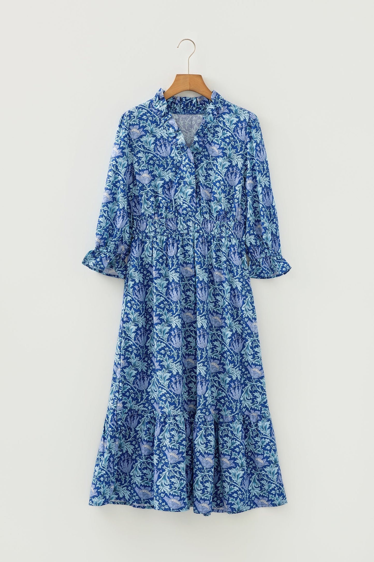 Floral Frilled V-Neck 3/4 Sleeve Midi Dress
