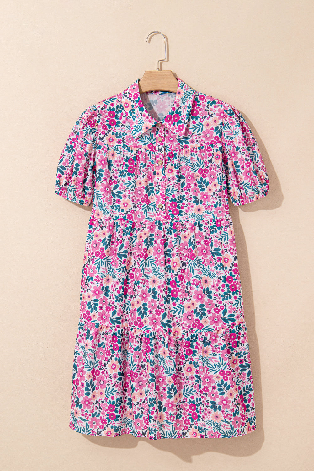 Floral Buttoned Collar Short Sleeve Mini Dress