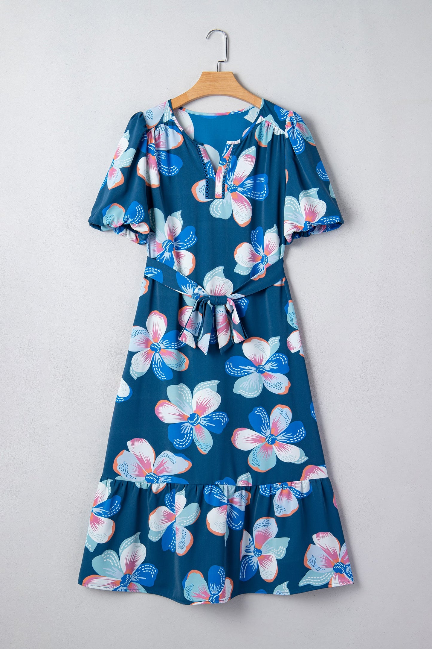 Floral Short Puff Sleeve Ruffle Belted Midi Dress