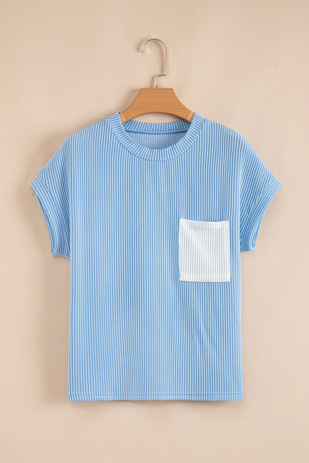 Corded Knit Colorblock Pocketed Crew Neck T-Shirt