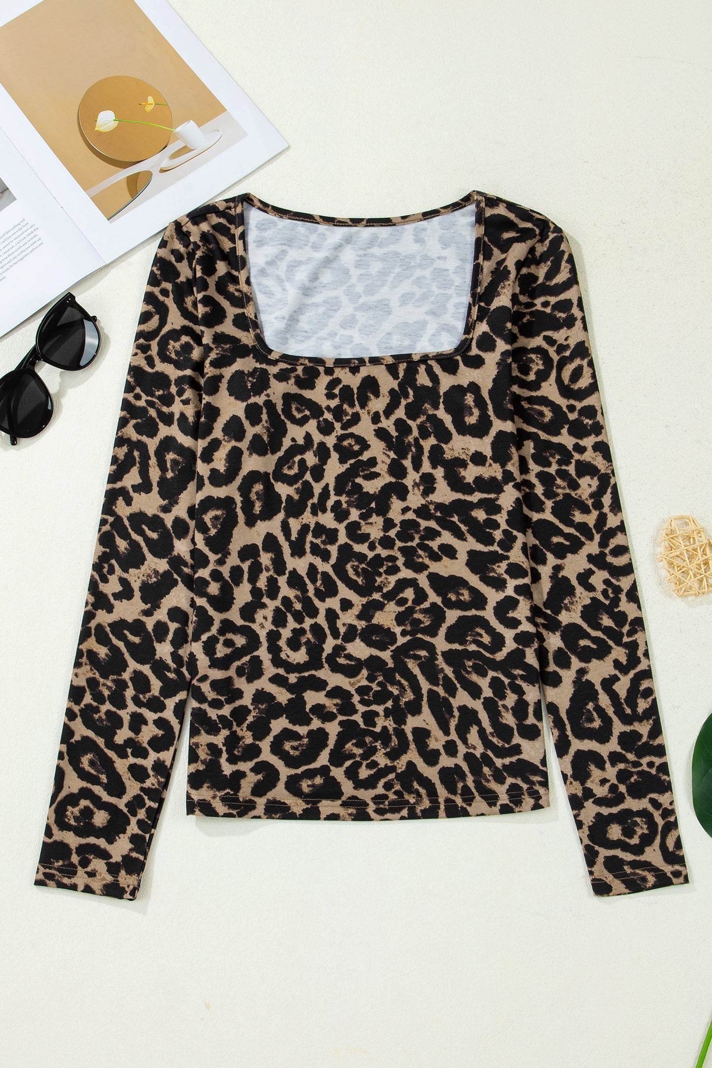 Leopard & Floral Square Neck Long Sleeve T-Shirt