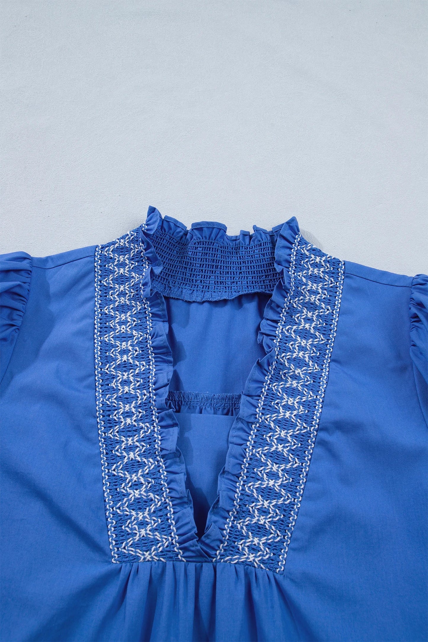 Embroidered Smock V-Neck Puff Sleeve Mini Dress