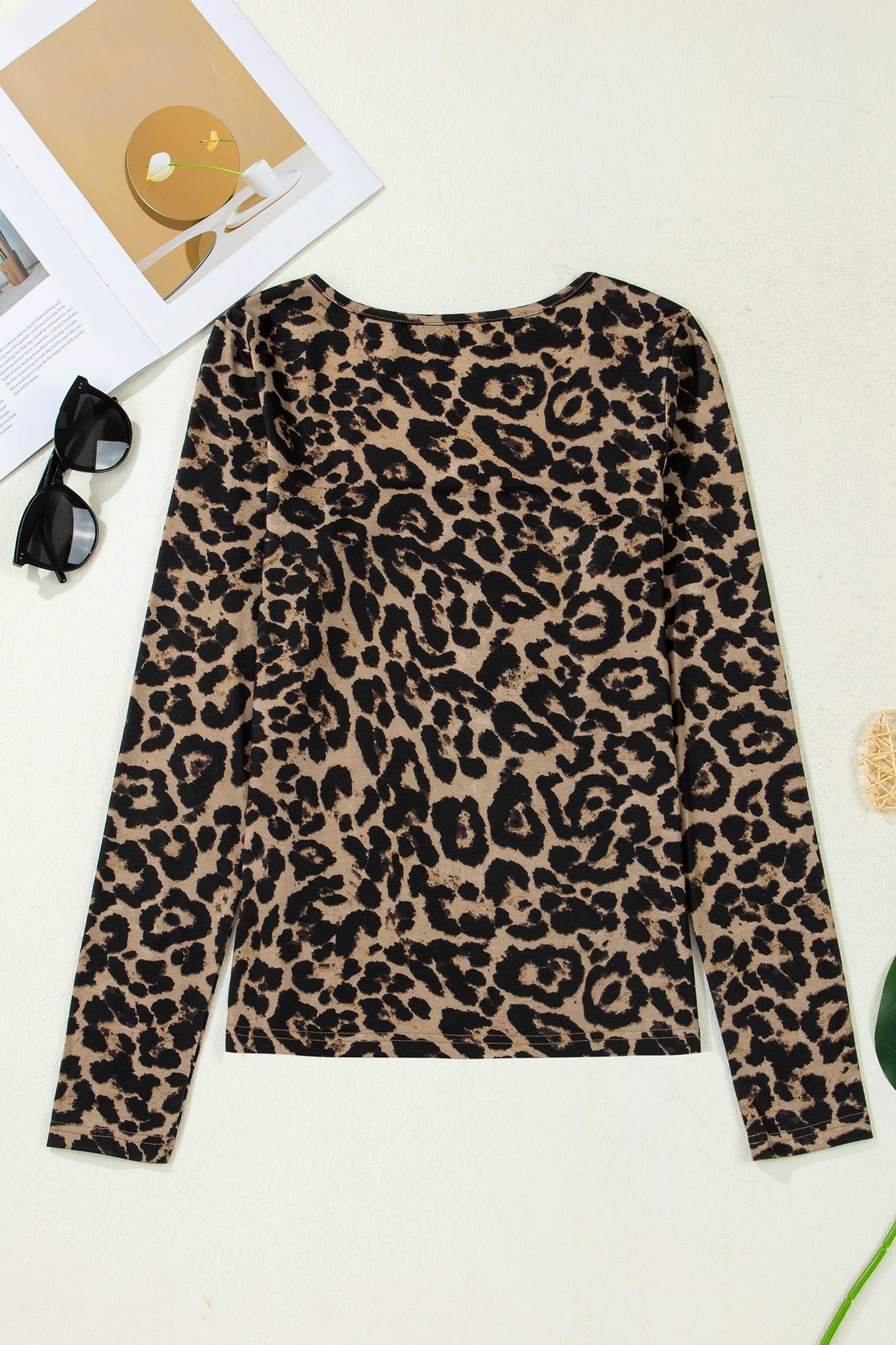 Leopard & Floral Square Neck Long Sleeve T-Shirt